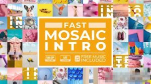 AE模板-时尚动感马赛克照片墙旅行回忆快闪片头动画Fast Mosaic Intro，含手机竖屏版本-cg男孩